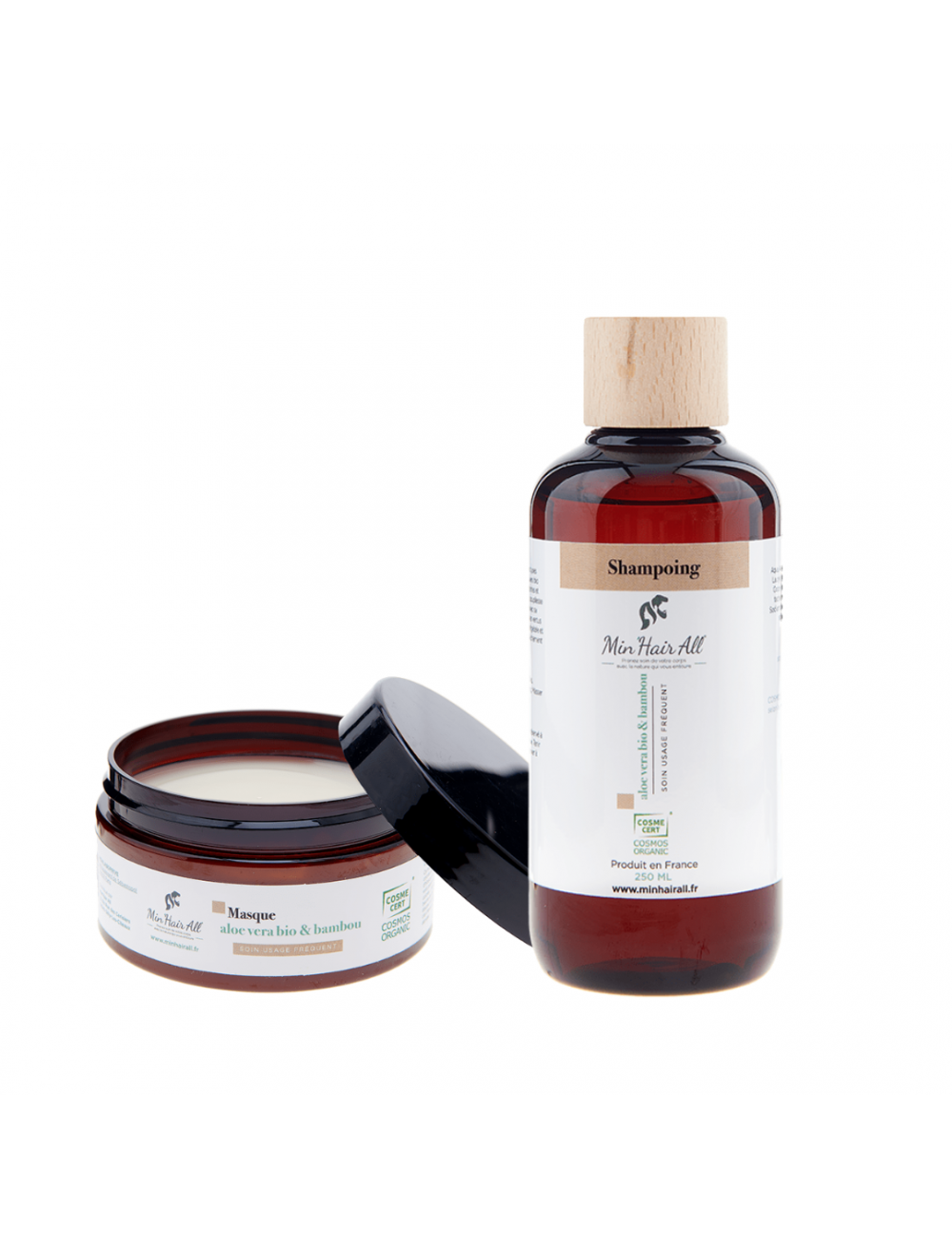 Pack bio nourrissant pour tous types de cheveux comprenant un masque 200ml et un shampoing 250ml. Min'Hair All