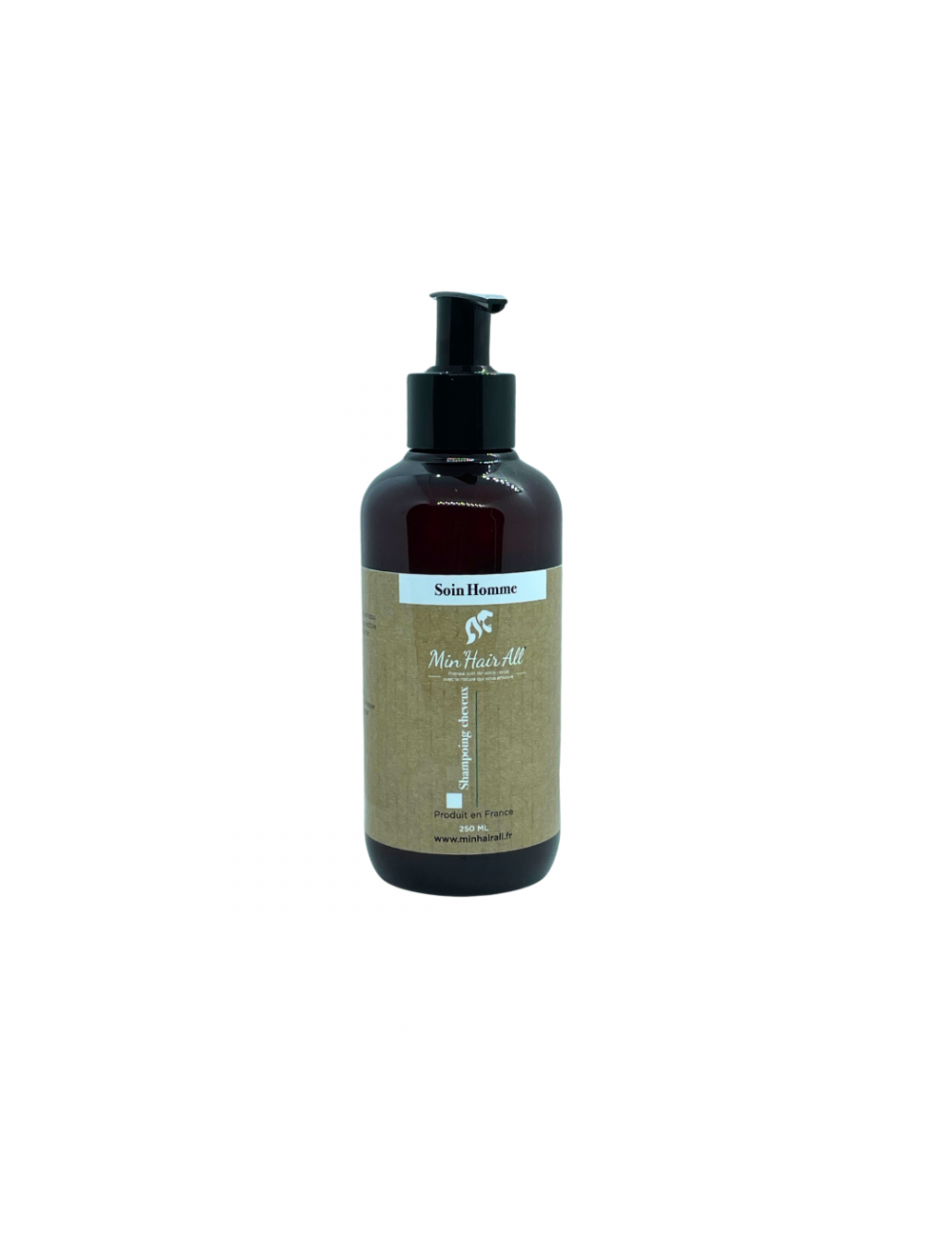 Shampoing homme à l'aloé véra bio. Soin et beauté du cheveu. Naturel.  Min'Hair All. Bouteille en plastique 250ml