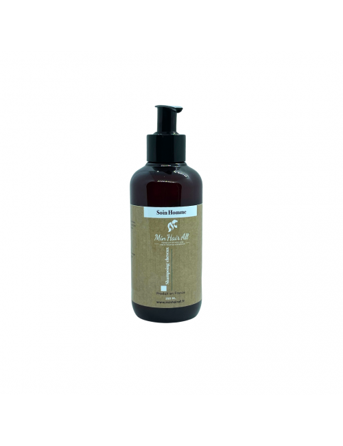 Shampoing homme à l'aloé véra bio. Soin et beauté du cheveu. Naturel.  Min'Hair All. Bouteille en plastique 250ml