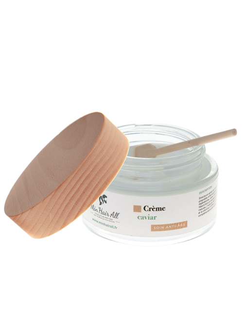 Pot de crème anti-âge à l'extrait de caviar Min'Hair All 100% d'actifs naturels pot ouvert pour voir la texture crémeuse