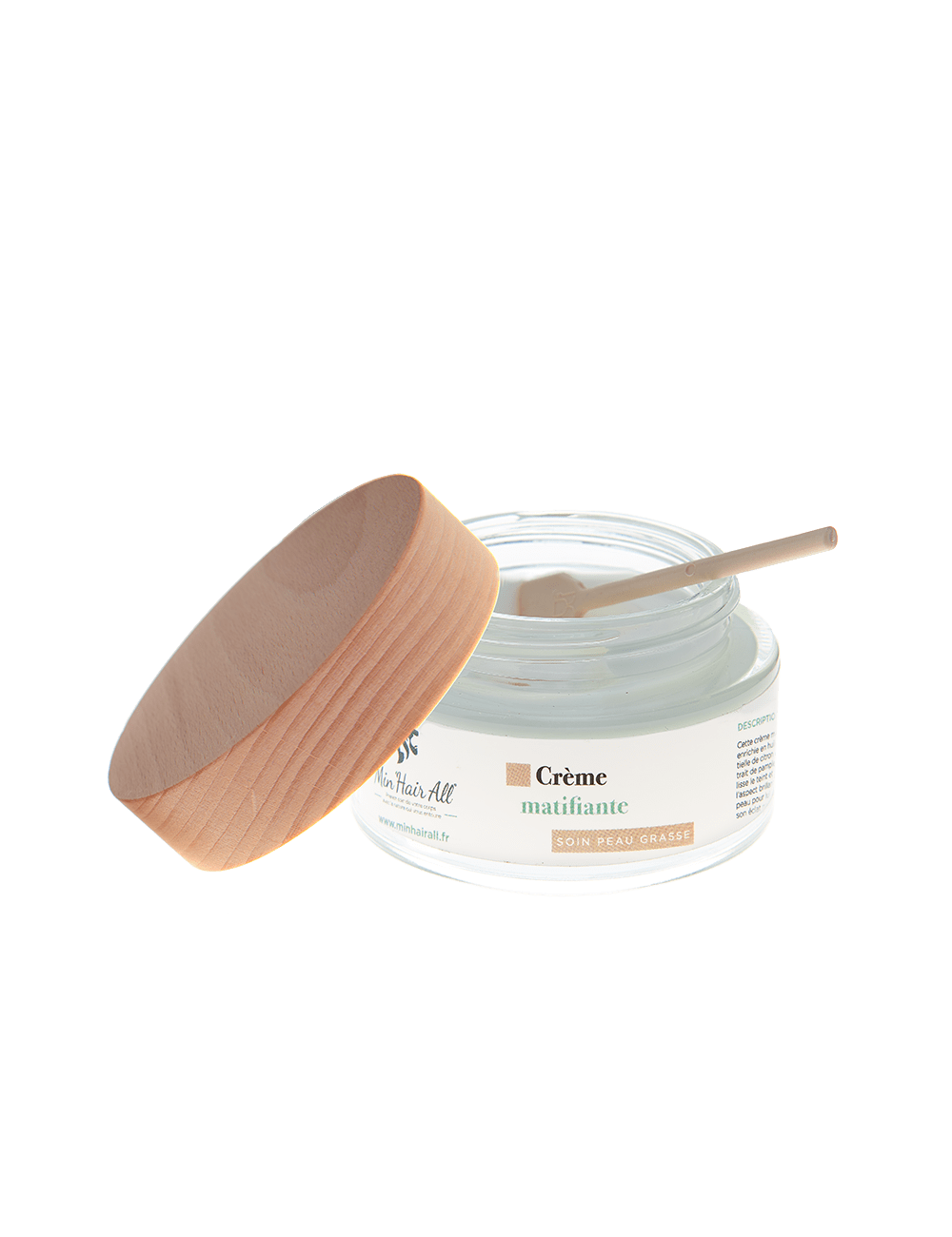 Crème matifiante pour traitement des peaux grasses.  Min'Hair All. Pot en verre 50ml, texture crémeuse avec sa spatule fournie.