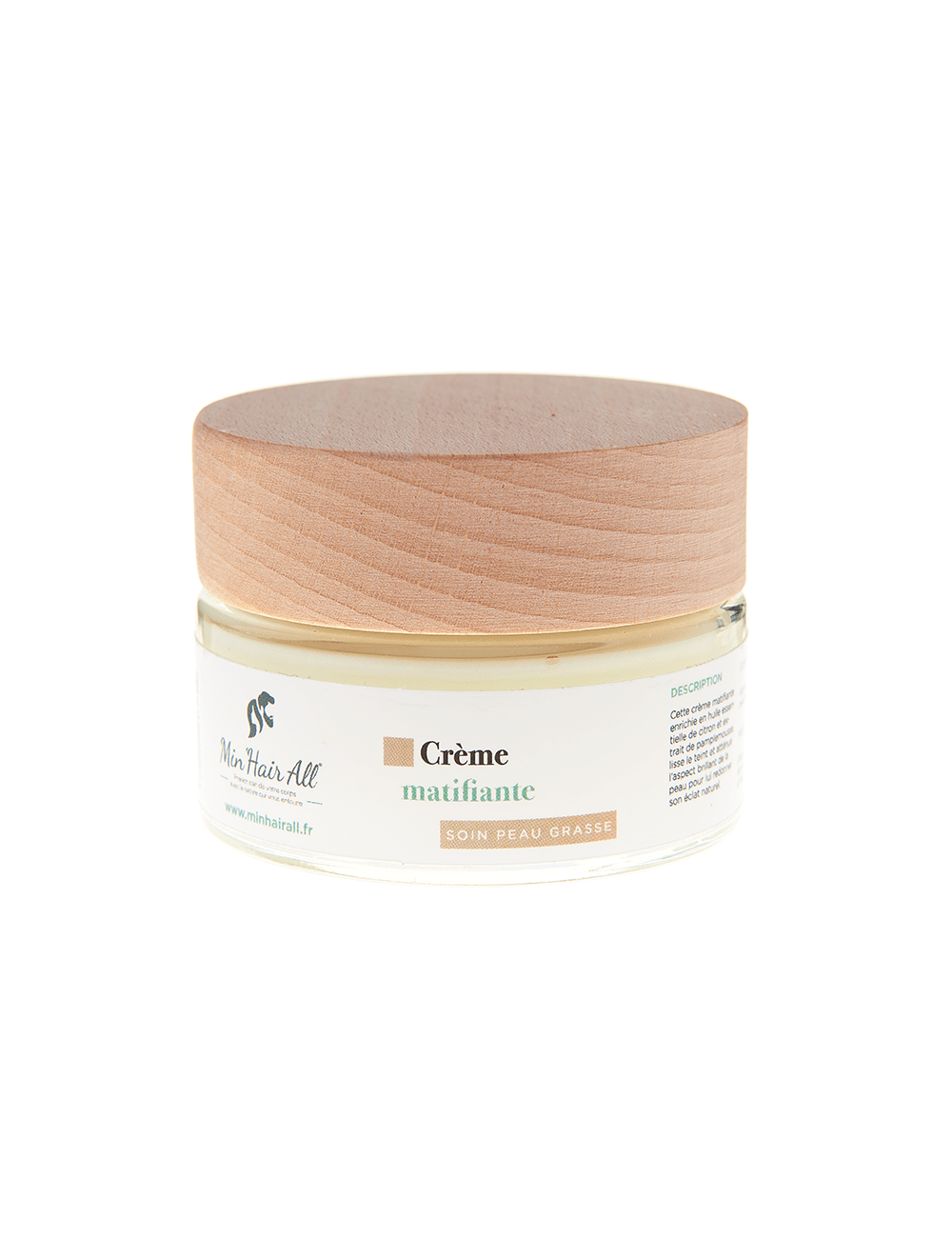 Crème matifiante pour traitement des peaux grasses.  Min'Hair All. Pot en verre 50ml, texture crémeuse avec sa spatule fournie.