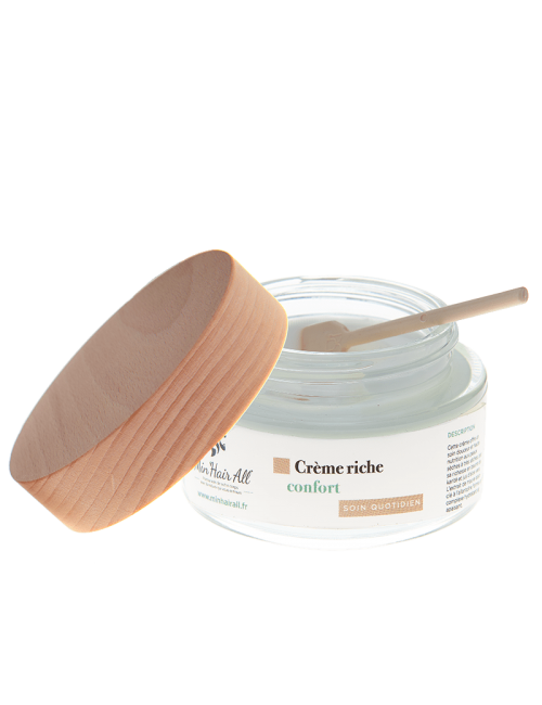 Crème riche confort pour le traitement des peaux sèches à très sèches. 100% d'actifs naturels.  Min'Hair All. pot en verre 50ml