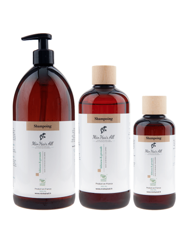 Shampoing pour cheveux colorés et mèchés à l'hibiscus et à la grenade. Min'Hair All. Existe en bouteille de 250, 500 et 1000ml