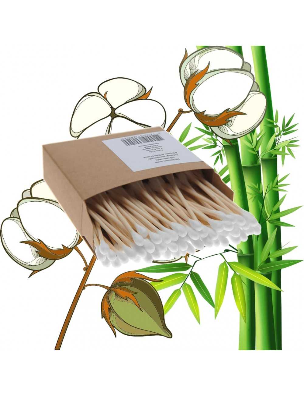Boîte de 100 bâtonnets en bambou et coton Bio pour nettoyer les oreilles.