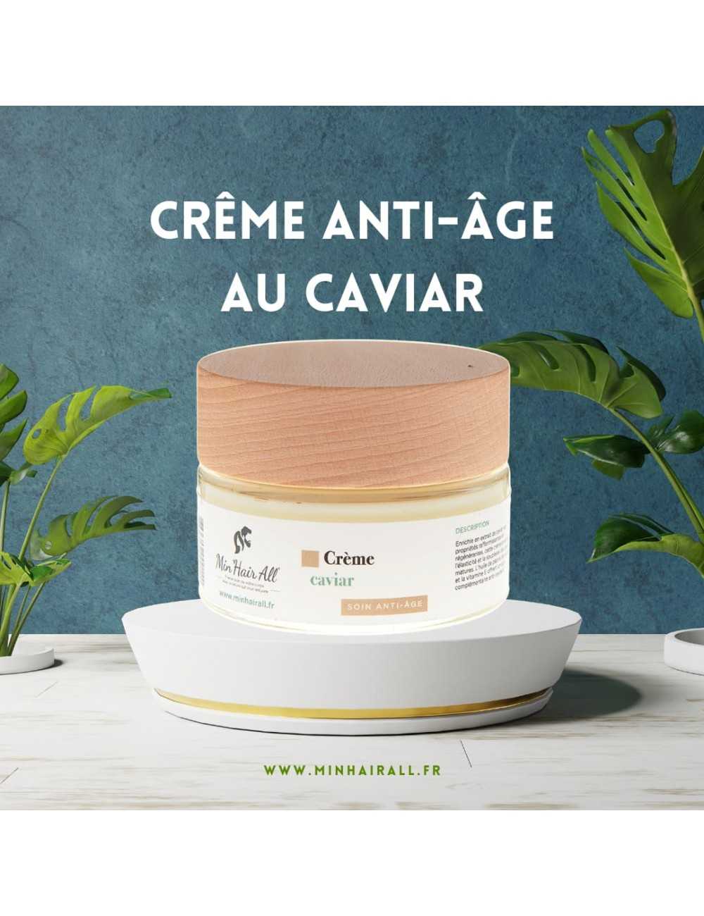 Crème anti-âge à l'extrait de caviar 100% d'actifs naturels. Min'Hair All. Pot en verre 50ml